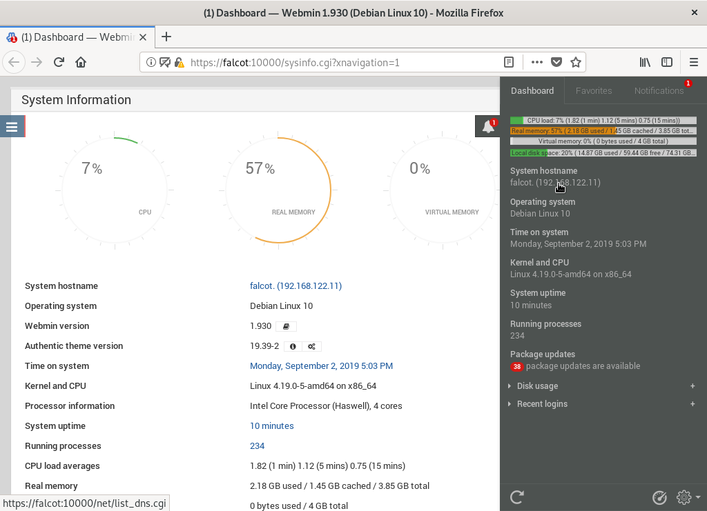 Webmin dashboard